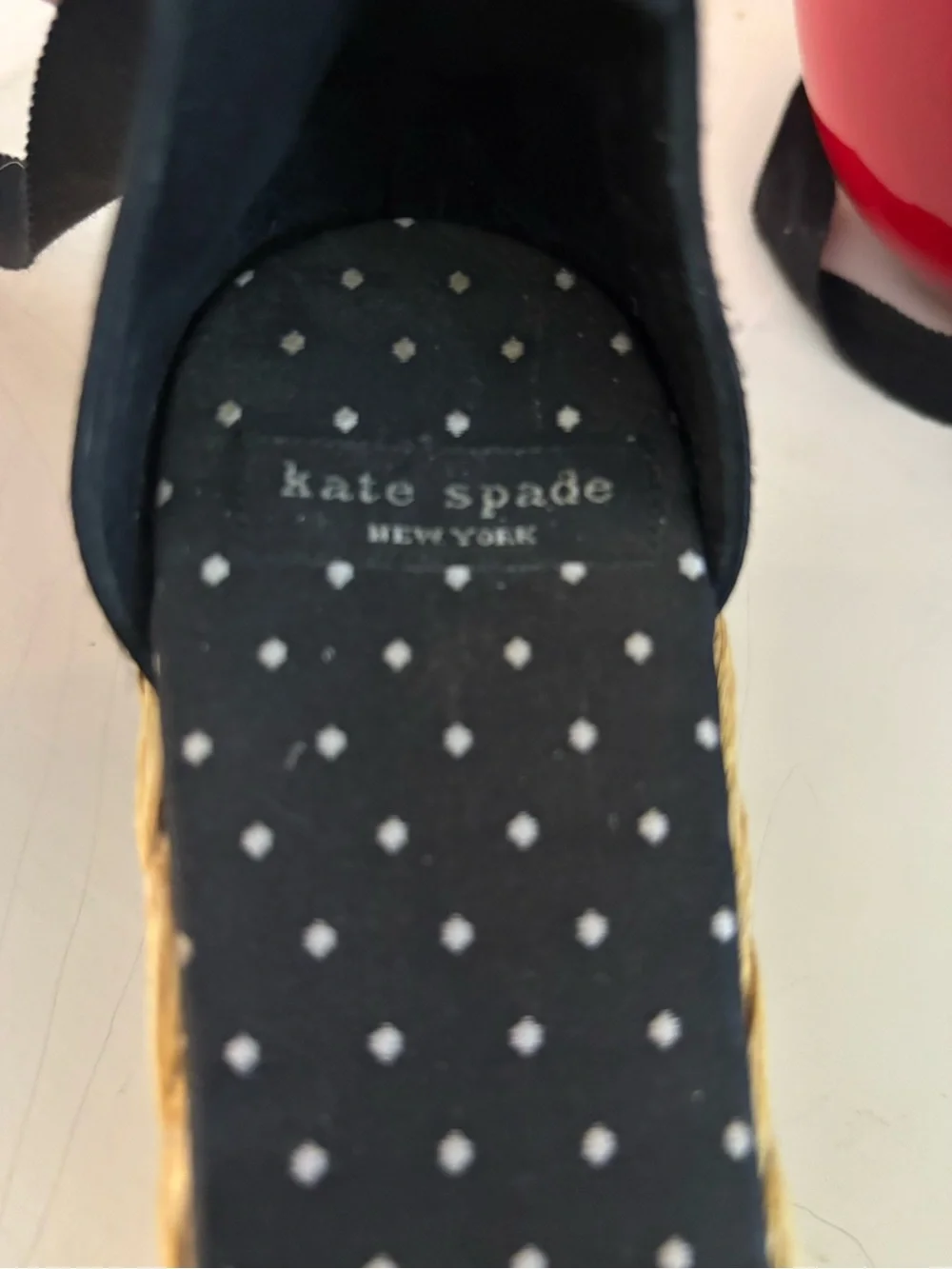 kate spade Black Espadrille Wedges with Polka Dot Insole